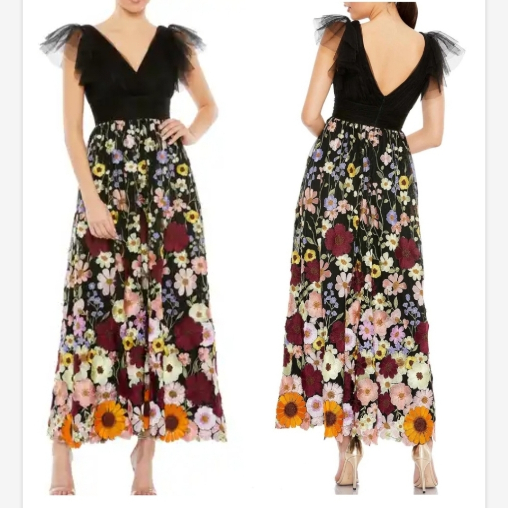 NWTMAC DUGGAL 68204 EMBROIDERED RUCHED FLUTTER SLEEVE A LINE DRESS SZ 4